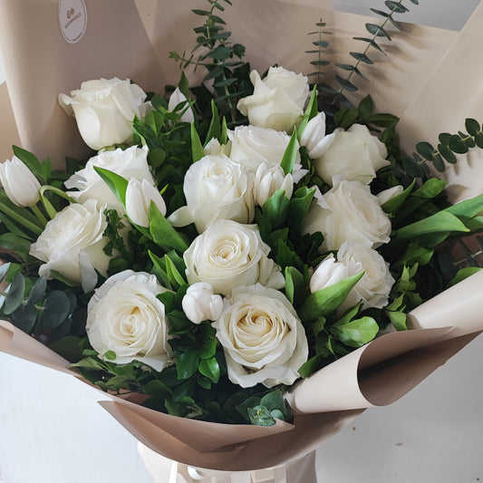 Dozen White Roses & Tulips Bouquet